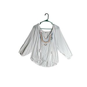 Lucky Brand White Embroidered Peasant Blouse Tassel Tie Boho Top Large